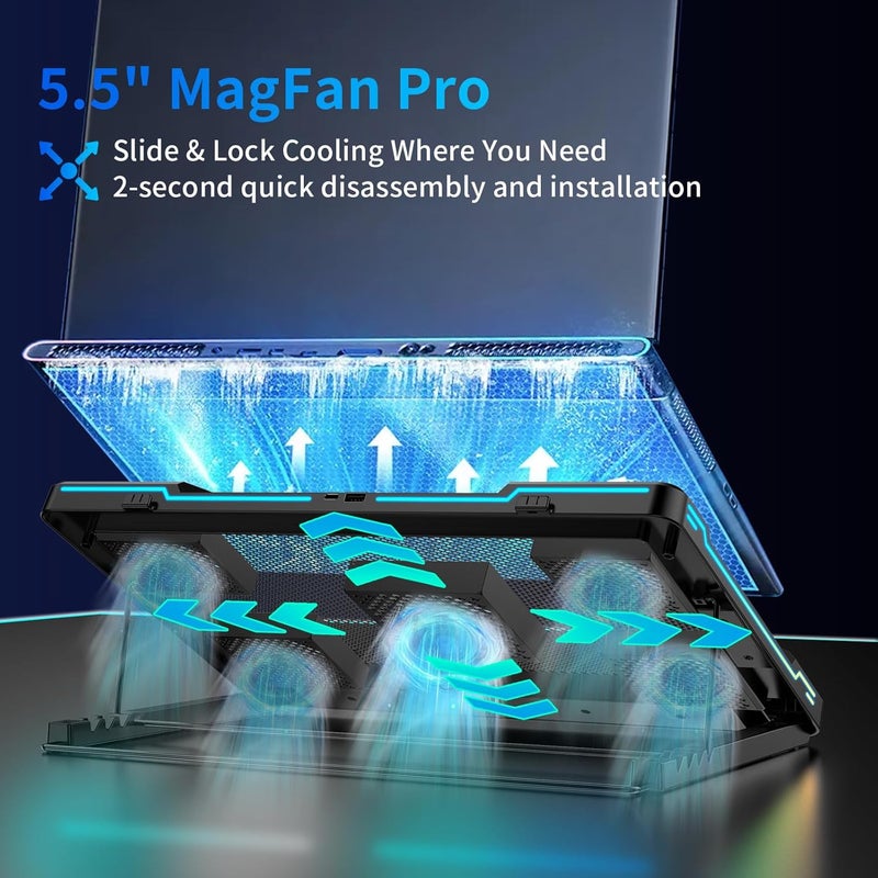 DEPGI Laptop Cooling Pad, Laptop Cooler Stand with 5.5" Movable Fan Easy to Clean, 10 RGB Light Modes, Auto Temp Sensor & 3-Speed Manual Control, Ultra Quiet ≤40dB for 14–17.3 Inch Laptops - Image 2